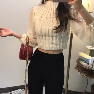 Knitted short tops/ Chiffon sleeve splicing